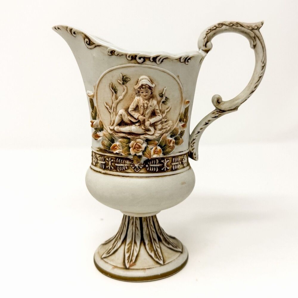 Vintage Lefton Porcelain Ewer Pitcher Applied Roses Figural Victorian Decor